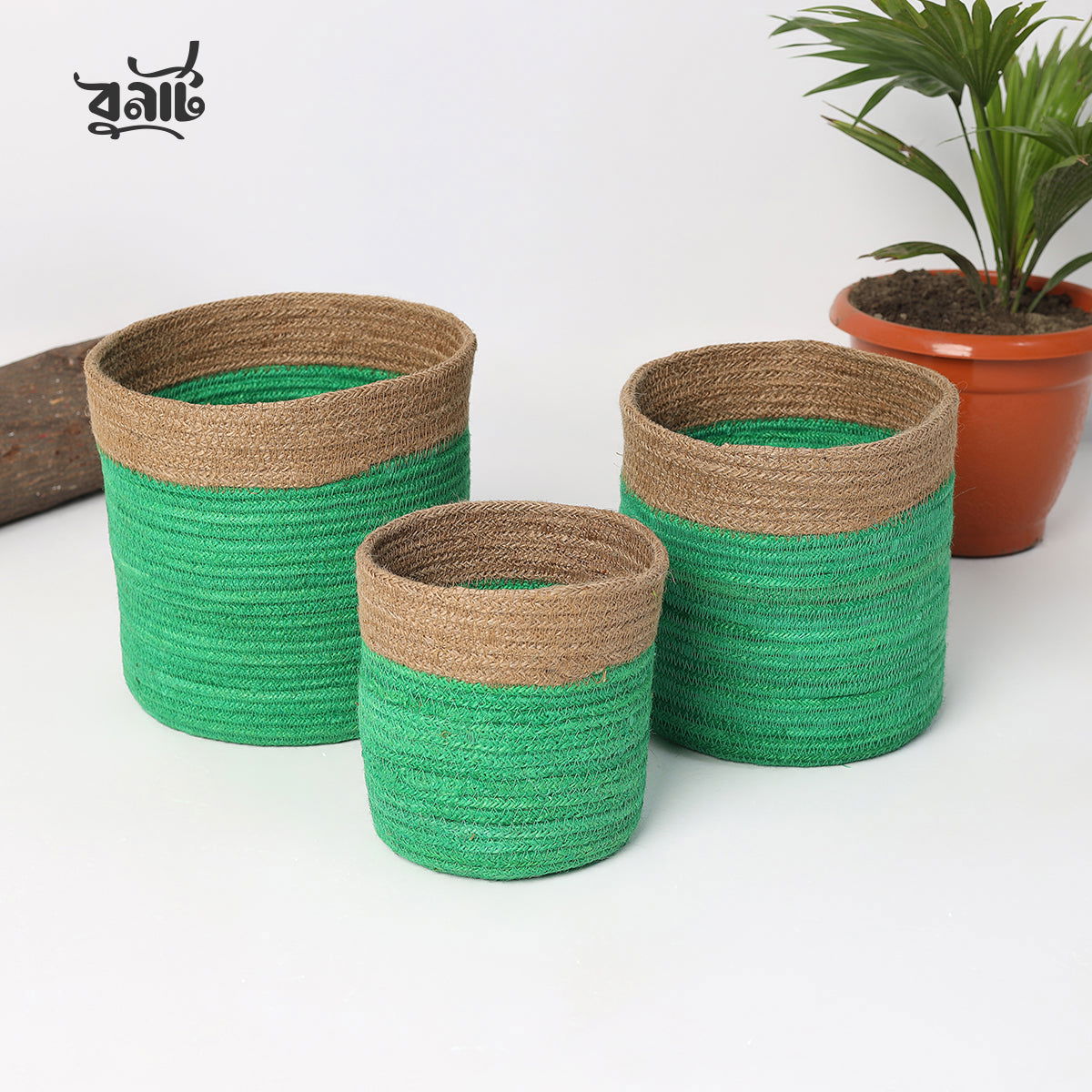 Jute Rope Round Green Cylinder (Set of Three) - Bonart