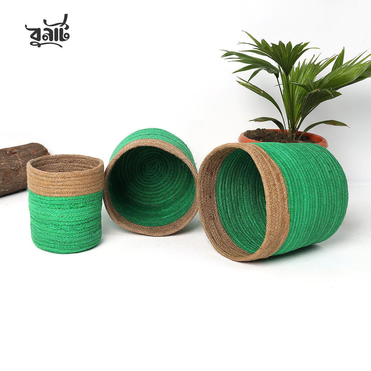 Jute Rope Round Green Cylinder (Set of Three) - Bonart