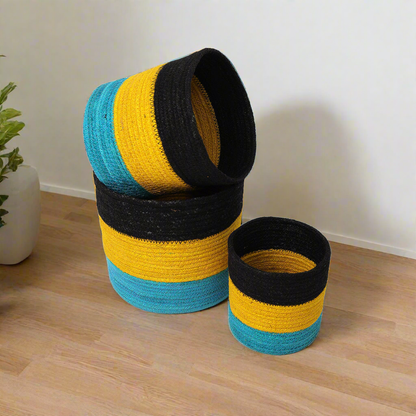 Jute Rope Round Mixed Color Cylinder (Set of Three) - Bonart