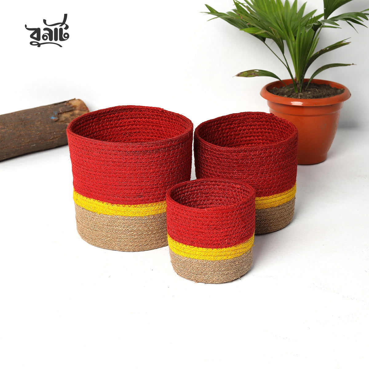 Jute Rope Round  Red Cylinder (Set of Three) - Bonart