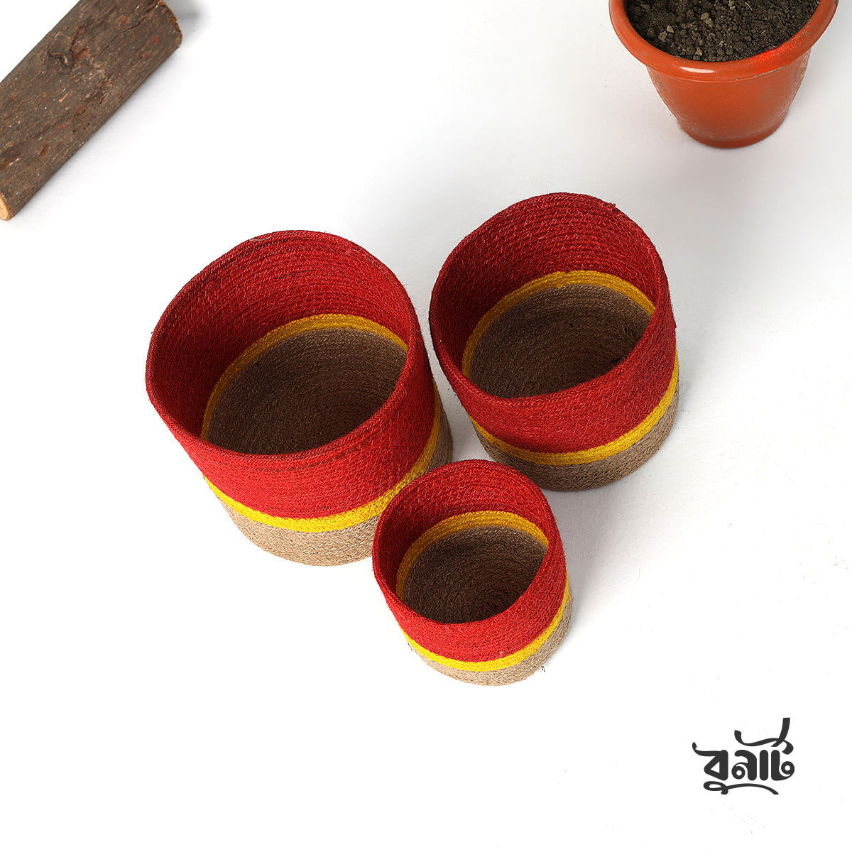 Jute Rope Round  Red Cylinder (Set of Three) - Bonart
