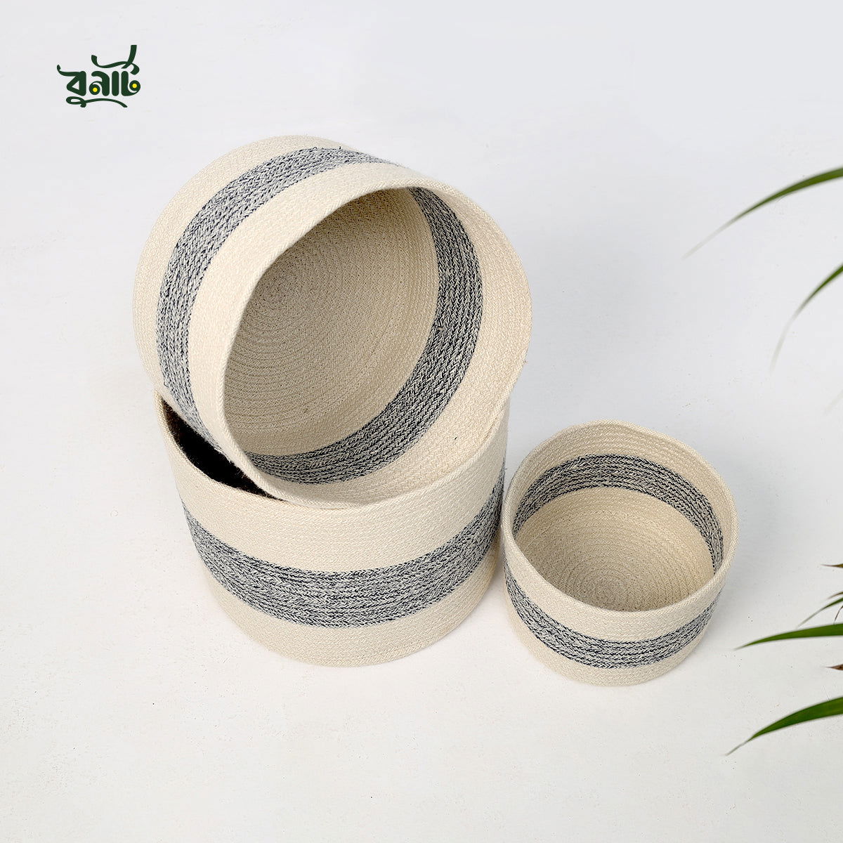 Round  Shape Natural Jute Wastebasket White (Set of Three) - Bonart